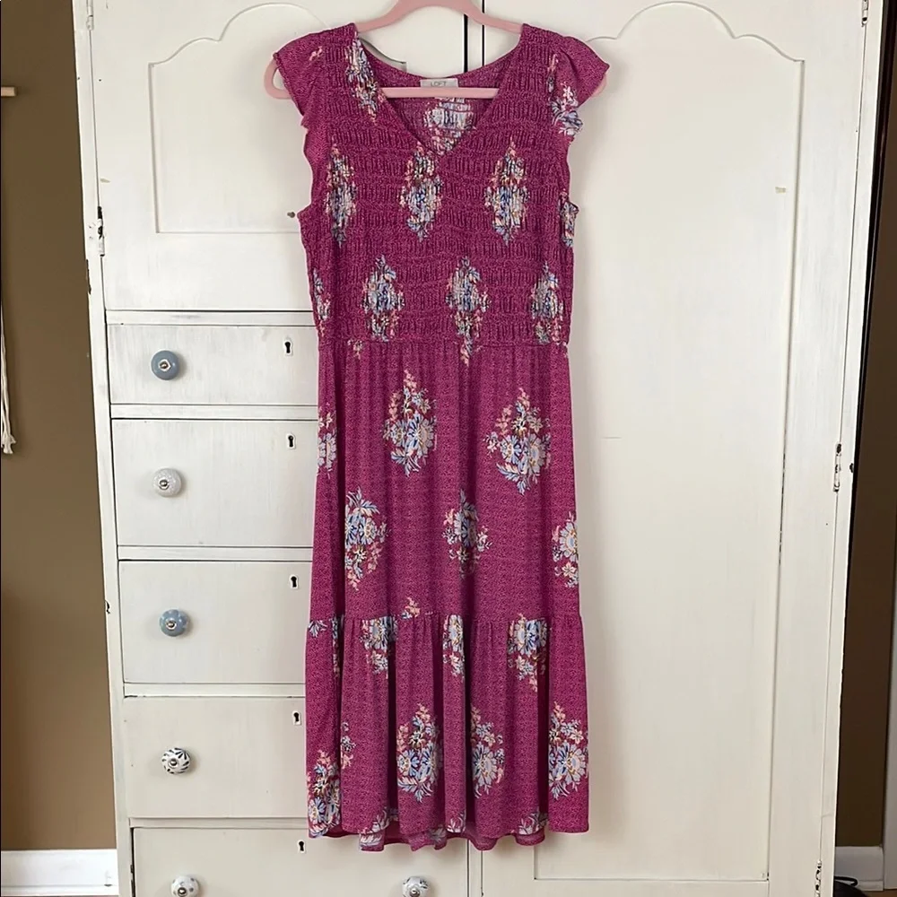 LOFT Pink Flutter Sleeve Sundress smocked midi Petite M